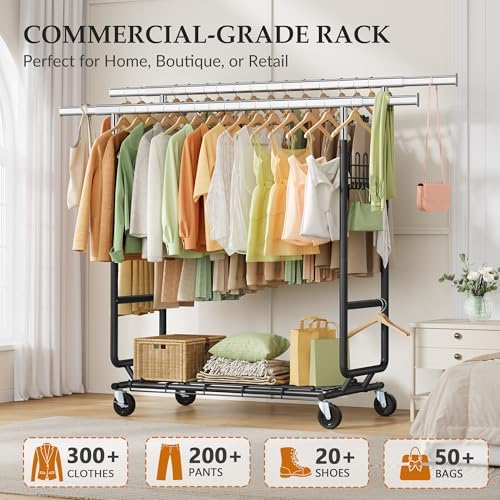 Gewudraw Clothes Rack Heavy Duty Load 900 Lbs with Wheels, Double Rod,Black