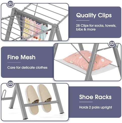 APEXCHASER Clothes Drying Rack, 67.3" L Height Adjustable, Foldable, Grey