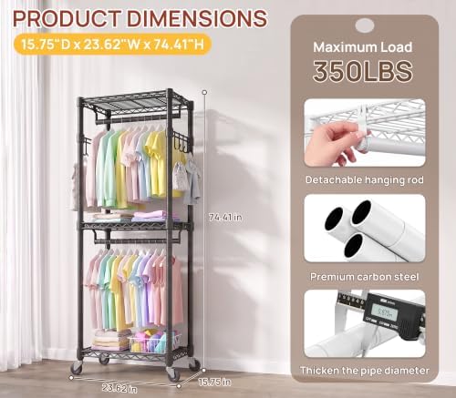 Heavy Duty Rolling Clothes Rack with Wheels, Double Rods Adjustable Shelves
