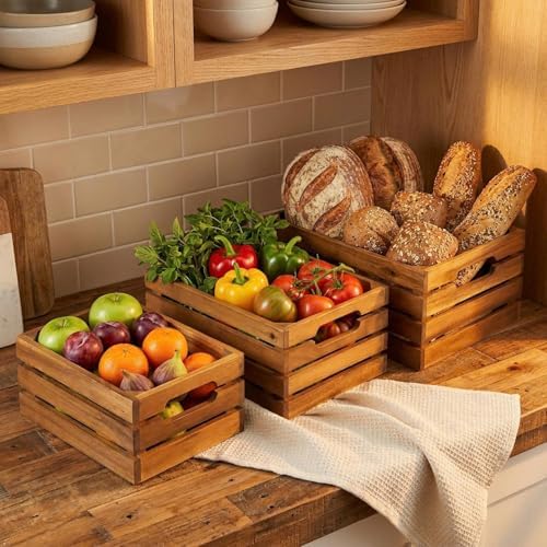 VICTORY RELAX Nesting Wood Storage Crates (Set of 3) - Natural Acacia Wood St...
