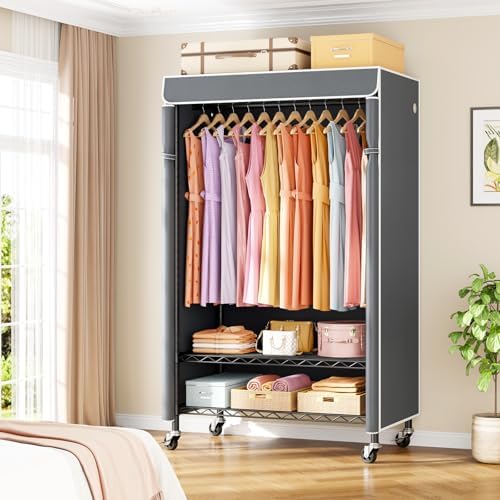 ULIFHOME P6C Rolling Clothes Rack with Cover, 3-Tier Covered Clothing Rack