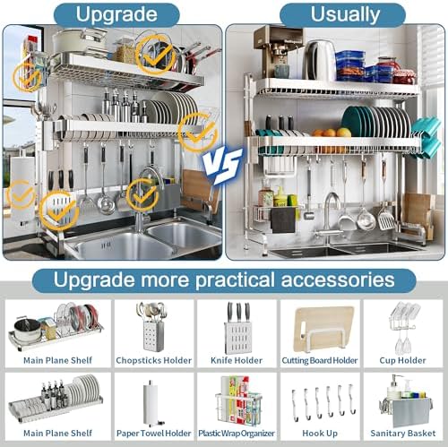 LIVOD Over The Sink Dish Drying Rack,3 Tier Adjustable Length Full Stainless ...