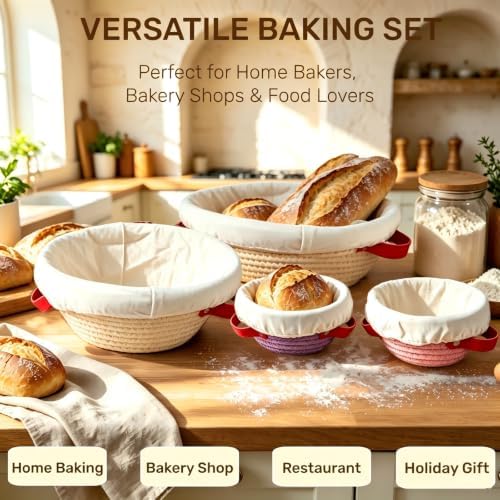 4 Pack Cotton Rope Sourdough Proofing Basket Set with Liners Covers Handles