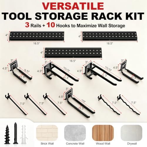 Garage Tool Organizer Wall Mount 49.5 inches with 10 Adjustable Heavy-Duty Ho...