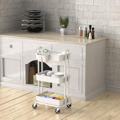 Simple Houseware 3-Tier Rolling Utility Cart with Hanging Bucket, White