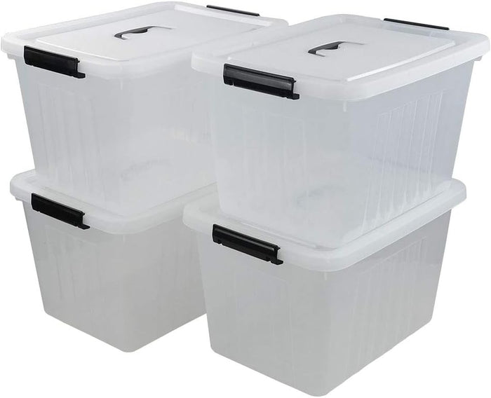 25 Quart Clear Latching Tote, Plastic Storage Bin, Pack of 4