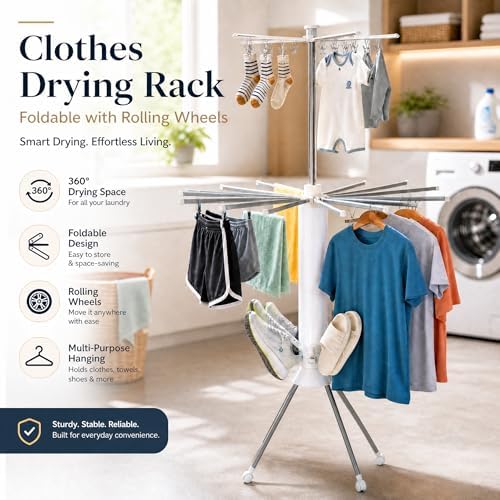 Clothes Drying Rack Foldable with Rolling Wheels, Portable Laundry Drying Rac...
