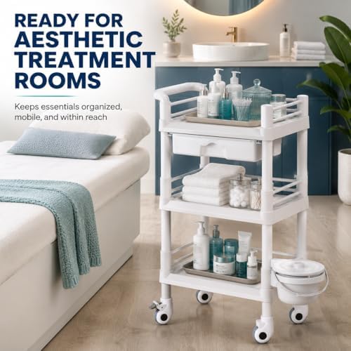 Rolling Utility Cart,Qiwey Utility Cart with Big Drawer,3-Tier Esthetician Ca...