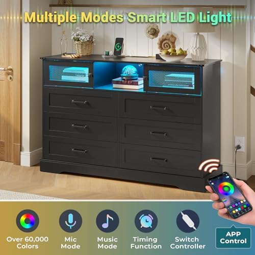 Hasuit 6 Drawer Dresser with LED Lights and Charging Station, Farmhouse Chest...