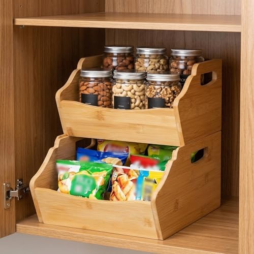 Cididu 2 Pack Bamboo Stackable Storage Bin, Countertop Open Front Stacking Bi...