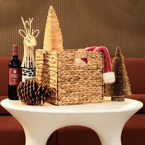 4 Hand-Woven Wicker Storage Baskets 13x11x11in, Water Hyacinth Shelf Bins