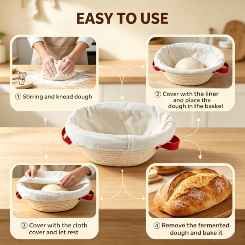 4 Pack Cotton Rope Sourdough Proofing Basket Set with Liners Covers Handles
