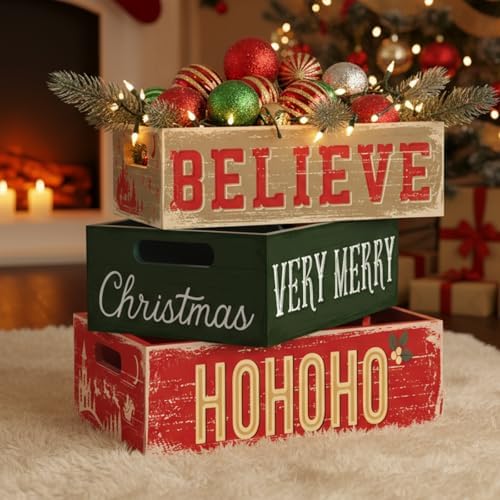 3 Pcs Christmas Wood Crate with Words Merry Christmas Believe