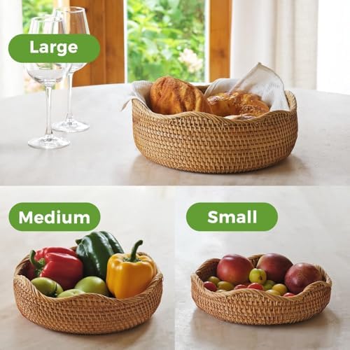 Round Rattan Bread Baskets for Serving, Wicker Fruit Baskets Storage Bowls