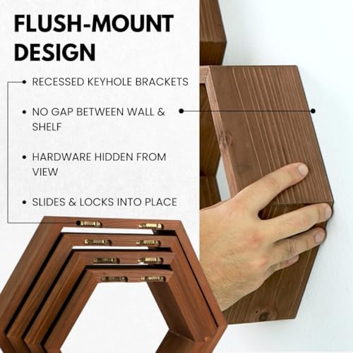 LABEND HOME Hexagon Floating Shelves Set of 4 - Solid Wood Wall Mounted Shelv...