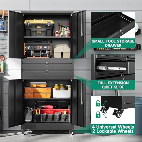 Letaya Metal Garage Storage Cabinet with Wheels,Rolling Tool Cabinet with 4 D...