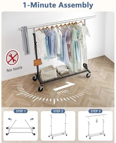 Hoctieon 1-Minute Assembly Clothes Rack, 480 lbs Heavy Duty Rolling Clothing ...