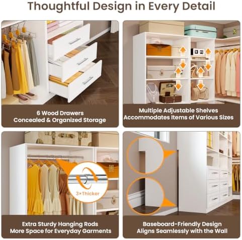 Closet System with 6 Drawers, Corner Closet System with 15 Shelves & 8 Ha...