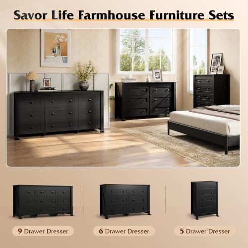 WLIVE 9 Drawer Dresser Black, 62" Wide Wooden Chest with Anti-Tip Structure