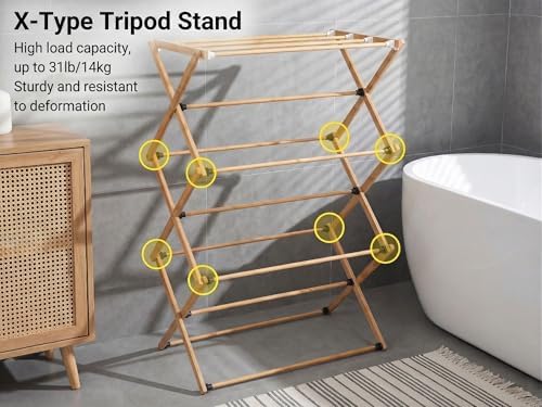 FJO Foldable Bamboo Clothes Drying Rack, 3-Tier Collapsible Laundry Clothes H...