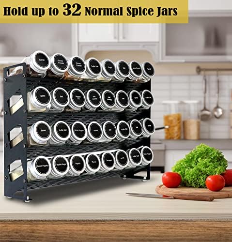 4 Tier Spice Rack Organizer with 32 Square Spice Jars and 160 Spice Labels Se...