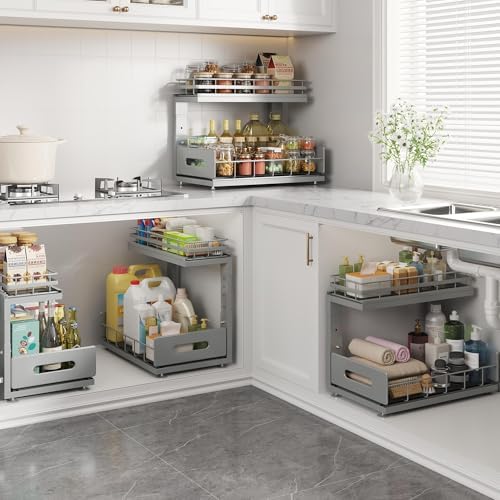 Under Sink Organizer Upgrade To Professional Rails,2-Tier Dual Pull Out Cabin...
