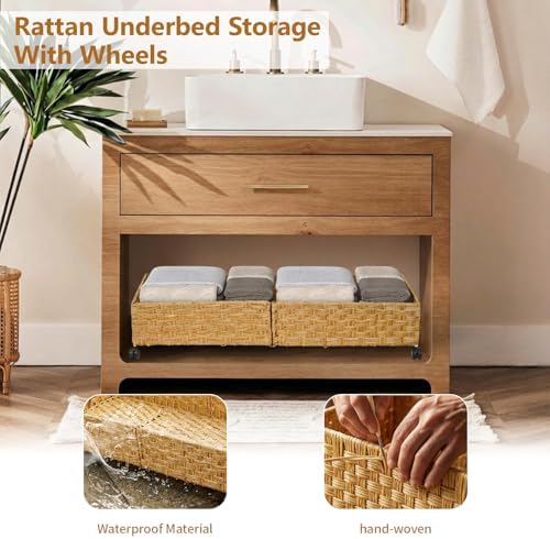 Under Bed Storage Containers with Wheels, 31.5” Large Handwoven Rattan Rollin...