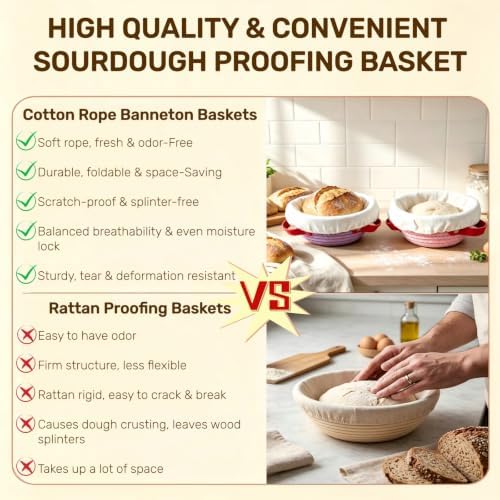 4 Pack Cotton Rope Sourdough Proofing Basket Set with Liners Covers Handles