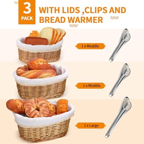Havawish 3 Pack Wicker Bread Baskets with Warmer Stones for Home Kitchen