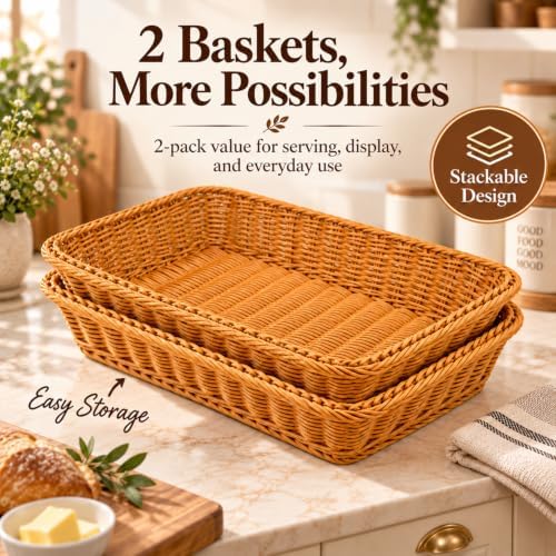2 Pack Wicker Bread Baskets, 17.7 Inch Rectangular Serving Trays