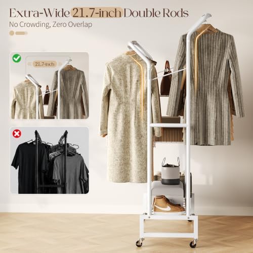 Yoobure Double Rods Clothes Rack - Portable Clothing Rack with Wheels, Rollin...