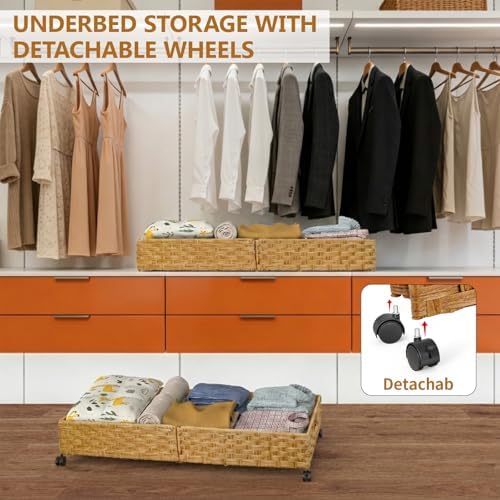 Under Bed Storage Containers with Wheels, 31.5” Large Handwoven Rattan Rollin...