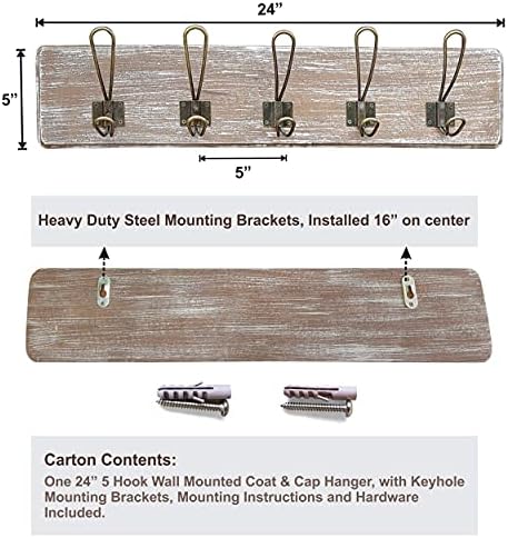 Coat Rack Wall Mount, Reclaimed Wood, 24 Inch, 5 Bronze Hooks, Whitewash