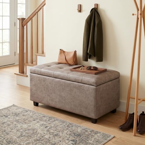 SIMPLIHOME Cosmopolitan 34" Wide Vegan Leather Storage Ottoman in Grey