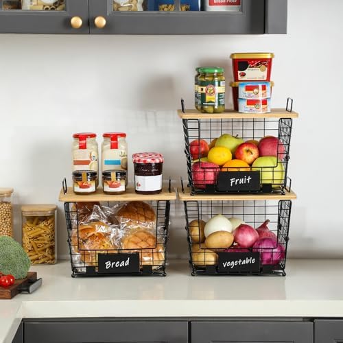2 Set Large Stackable Wire Basket with Bamboo Tops & Tag- Pantry Organize...