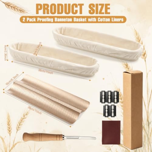 2 Pack 15 Inch Baguette Proofing Basket Set with Liners and Pan