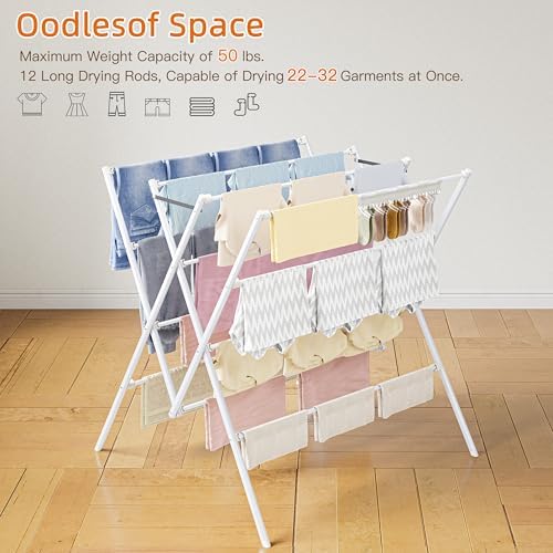 Drying Rack Clothing,12 Drying Poles with Sock Clips Clothes Drying Rack