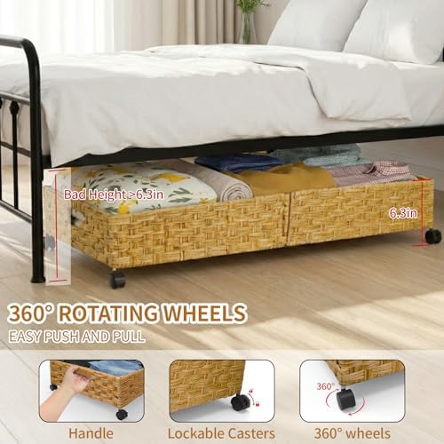 Under Bed Storage Containers with Wheels, 31.5” Large Handwoven Rattan Rollin...