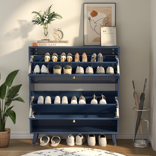 Fsbecl Shoe Storage Cabinet for Entryway with 2 Flip Drawers, Navy Blue