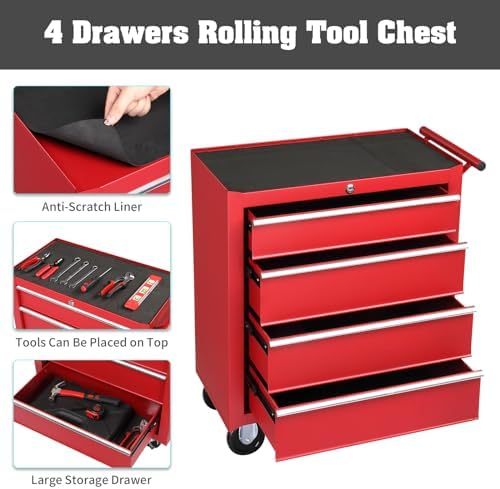 Winado 4 Drawer Rolling Tool Cabinet, Lockable Steel Tool Chest, Red