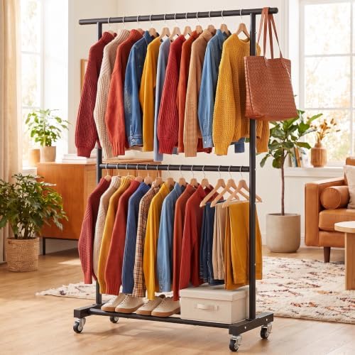 Sywhitta Double Rod Metal Clothing Garment Rack on Wheels, Black