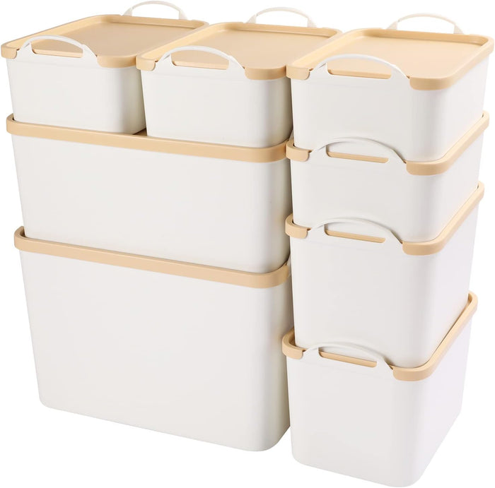 ANMINY White Plastic Storage Bins Baskets with Lids, 8-Pack, 1XL+1L+2M+4S