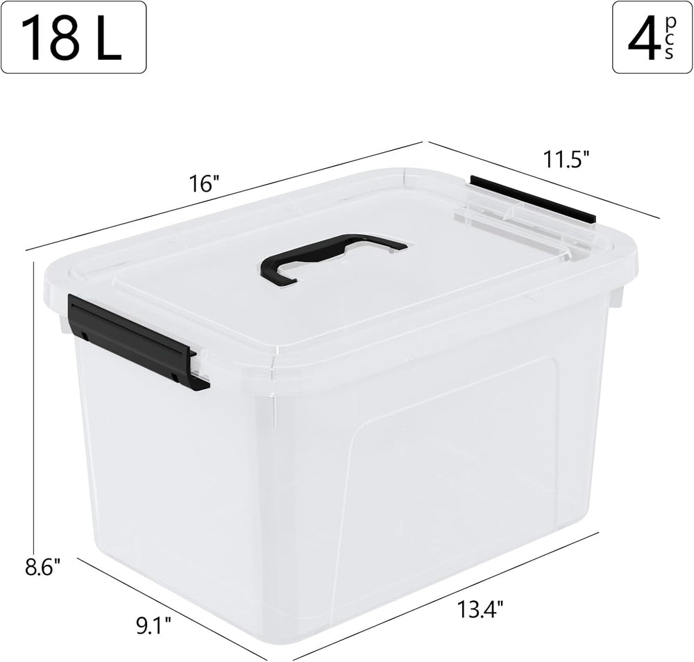 Plastic Storage Boxes with Lids, 4-Pack 18L Clear Latching Bins