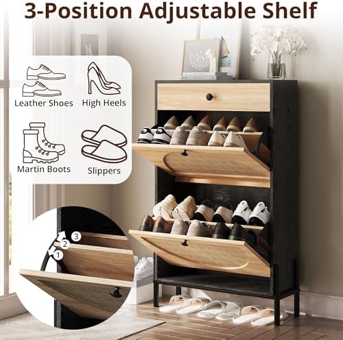 IRONCK Narrow Shoe Cabinet with 2 Flip Drawers and Rattan Doors, Black