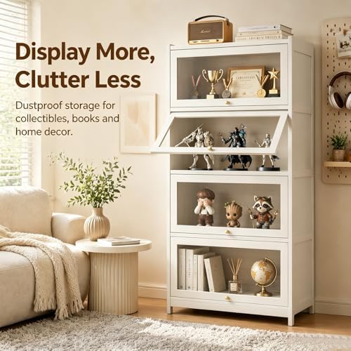 Display Cabinet with Doors, 4-Tier Bamboo Curio Cabinet for Small Space, Figu...