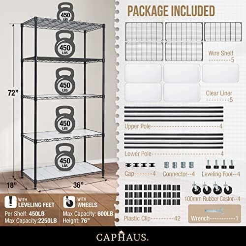 CAPHAUS NSF Commercial Grade Heavy Duty Wire Shelving w/Wheels, Leveling Feet...