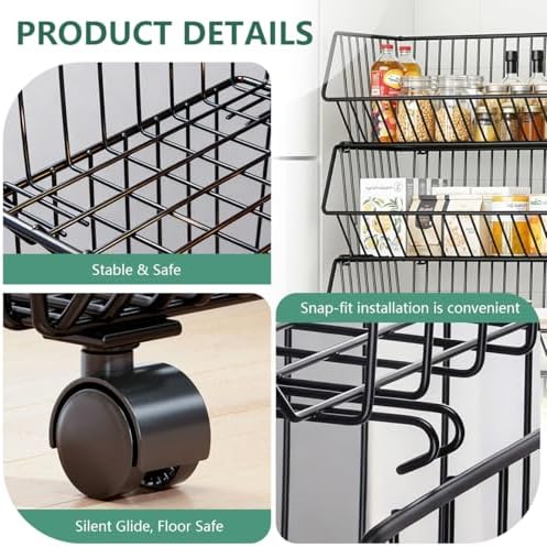 Wire Baskets Organization with Rollers for Kitchen and Home Storage, Vegetabl...