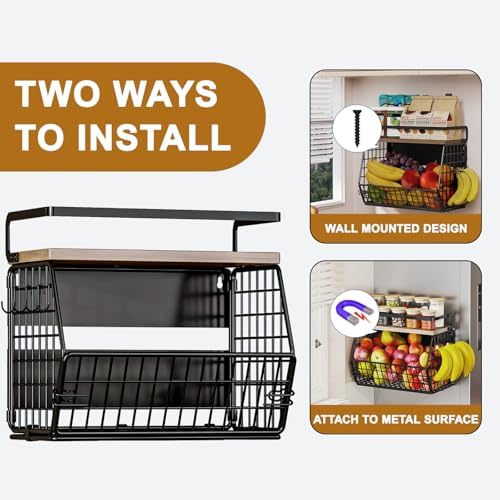 Fruit Basket 2 IN 1 Magnetic & Hanging Wall Produce Basket with Spice Rac...