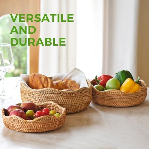 Round Rattan Bread Baskets for Serving, Wicker Fruit Baskets Storage Bowls