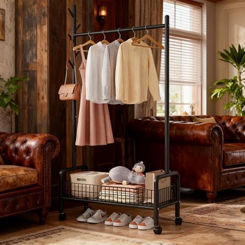 MYUPDALIN Rolling Metal Clothes Rack with Shelves & Storage Basket, Black